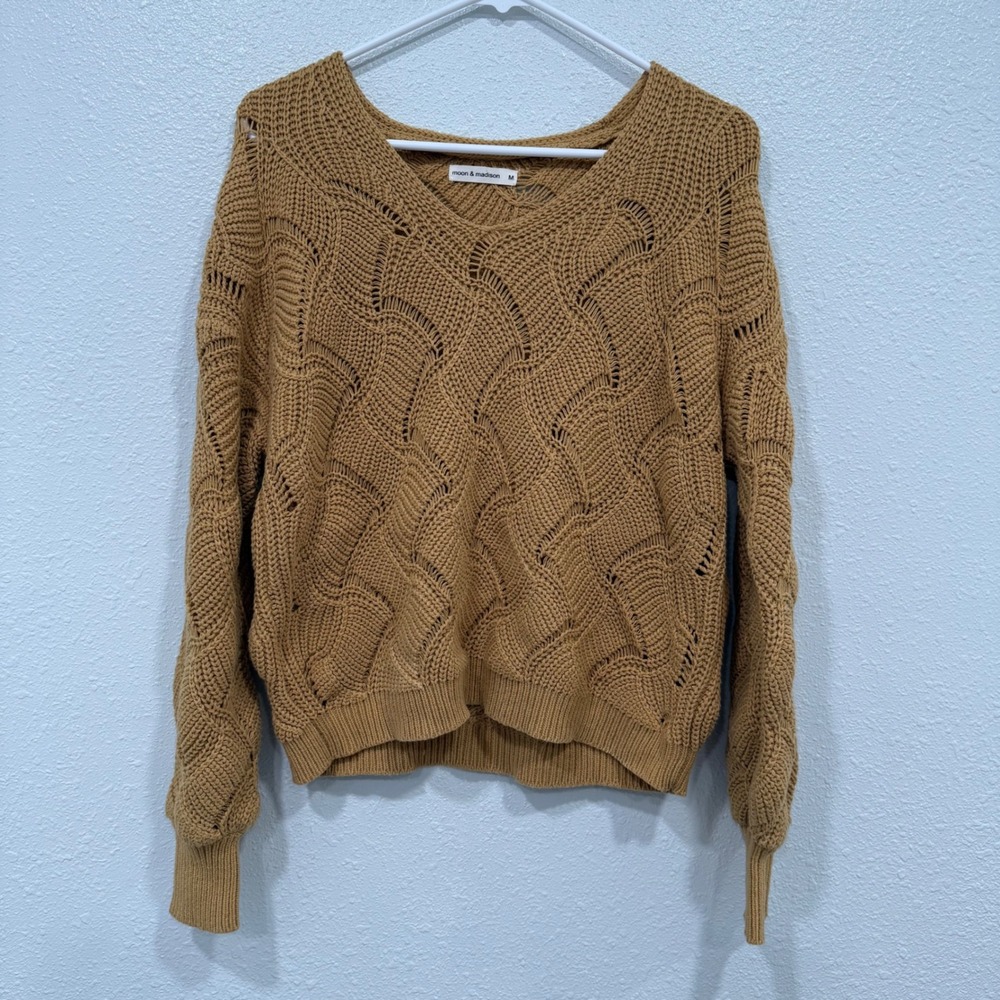 Moon & Madison Mustard Yellow V-Neck Wavy Open Knit Sweater SCA118 Womens Medium
